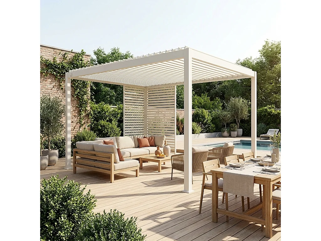 Pérgola bioclimática de aluminio 3x4m + 1 persiana 1m+ 1 persiana 1.3m
