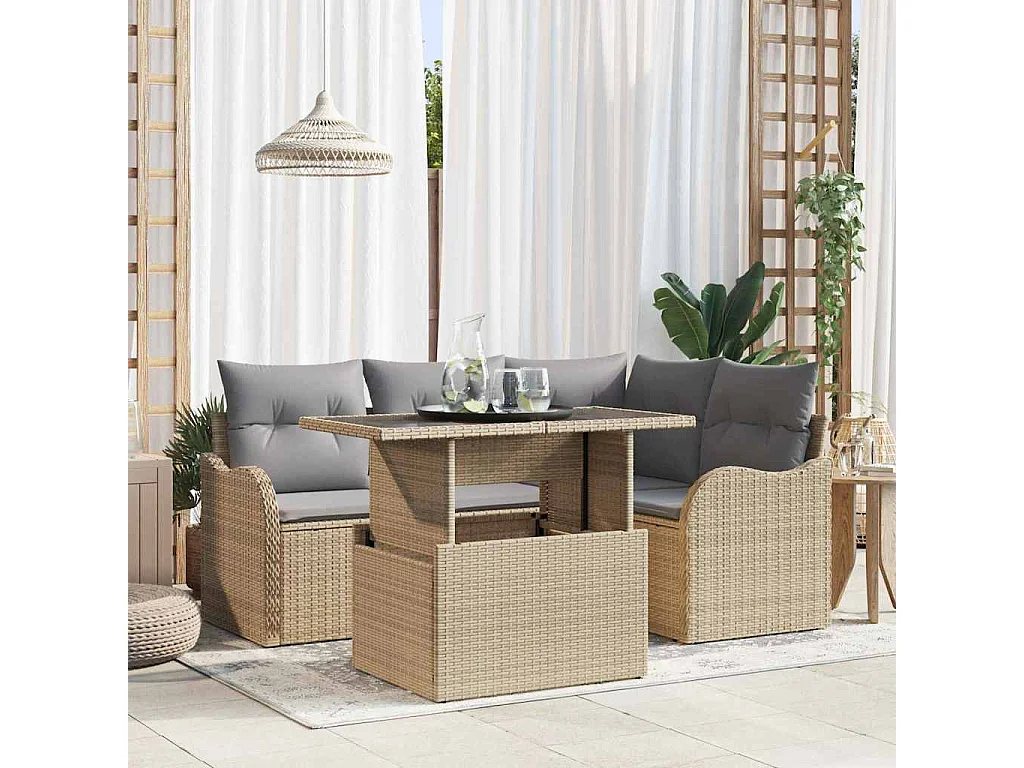 Conjunto de sofá de jardín con cojín 5 pcs Beige Poliratán