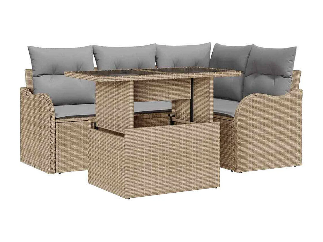 Conjunto de sofá de jardín con cojín 5 pcs Beige Poliratán