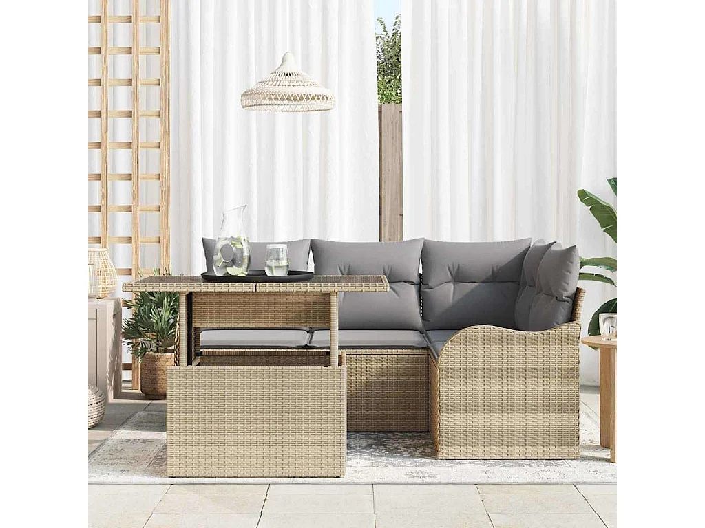 Conjunto de sofá de jardín con cojín 5 pcs Beige Poliratán