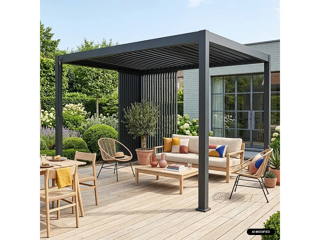 Pérgola bioclimática 3x4m de aluminio + persianas verticales de 1m y