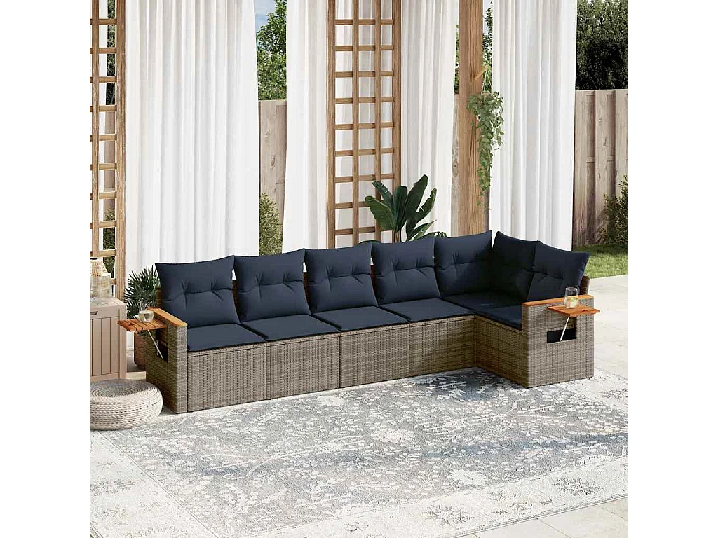 Salon de jardin 6 pièces avec coussins gris résine tressée