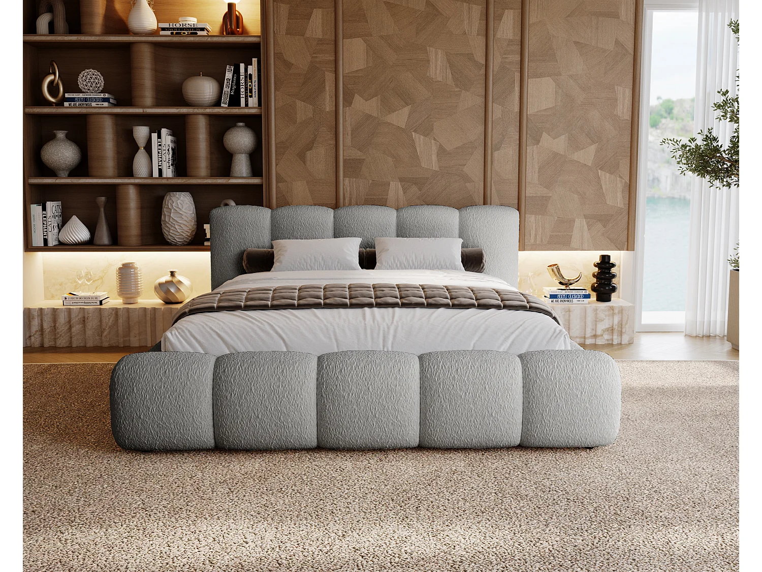 BESILIO Lit tapissé 180x200 bouclé Milly – lit avec coffre de rangement et sommier, lit coffre moderne en mousse épaisse – Gris clair