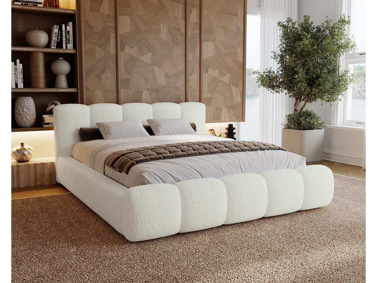 BESILIO Lit tapissé 200x200 bouclé Milly – lit avec coffre de rangement et sommier, lit coffre moderne en mousse épaisse – Blanc