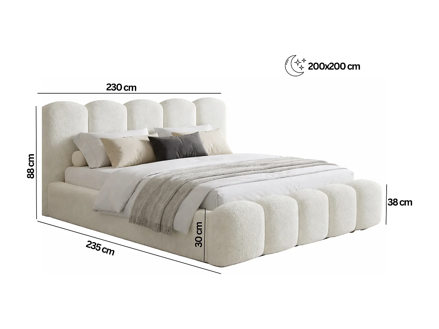 BESILIO Lit tapissé 200x200 bouclé Milly – lit avec coffre de rangement et sommier, lit coffre moderne en mousse épaisse – Blanc