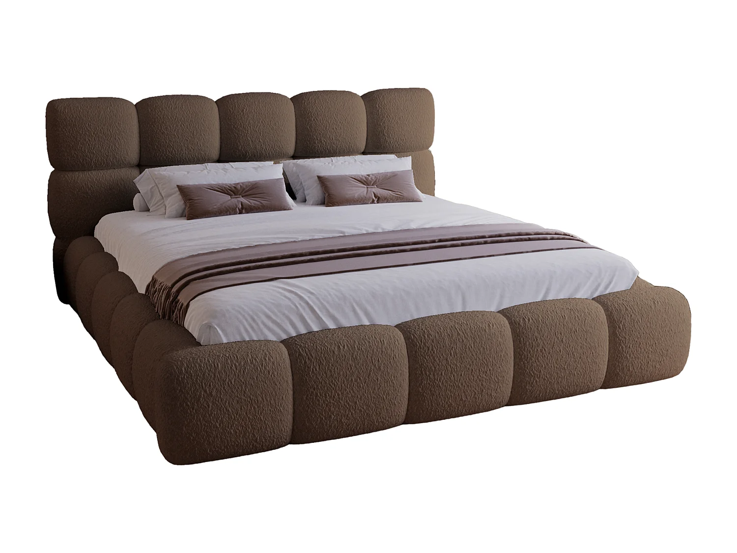 BESILIO Lit tapissé 140x200 bouclé Boston – lit avec coffre de rangement et sommier, lit coffre moderne en mousse épaisse – Marron