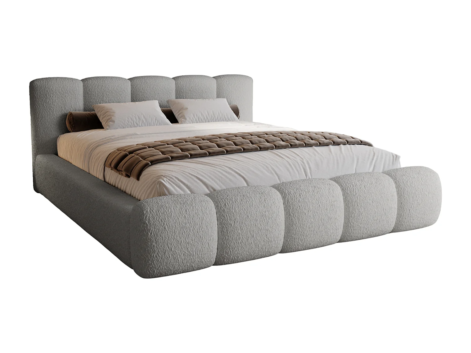 BESILIO Lit tapissé 140x200 bouclé Milly – lit avec coffre de rangement et sommier, lit coffre moderne en mousse épaisse – Gris clair