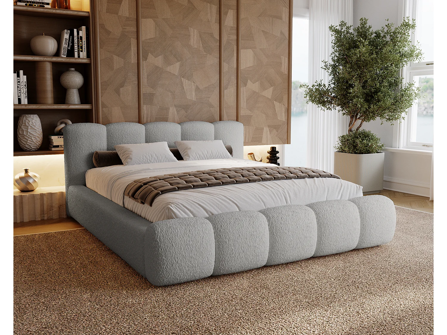 BESILIO Lit tapissé 120x200 bouclé Milly – lit avec coffre de rangement et sommier, lit coffre moderne en mousse épaisse – Gris clair