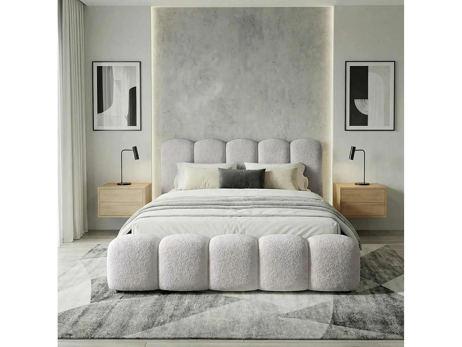 BESILIO Gestoffeerd bed 200x200 bouclé Milly – bed met opbergruimte en lattenbodem, modern opbergbed met dikke schuimvulling – Lichtgrijs