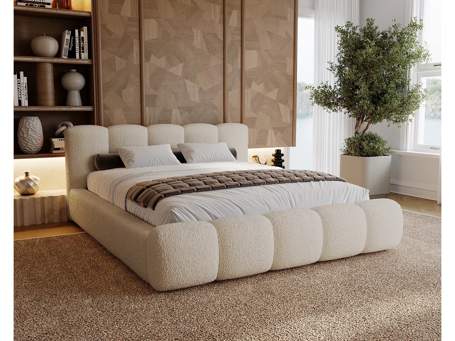 BESILIO Lit tapissé 160x200 bouclé Milly – lit avec coffre de rangement et sommier, lit coffre moderne en mousse épaisse – Beige