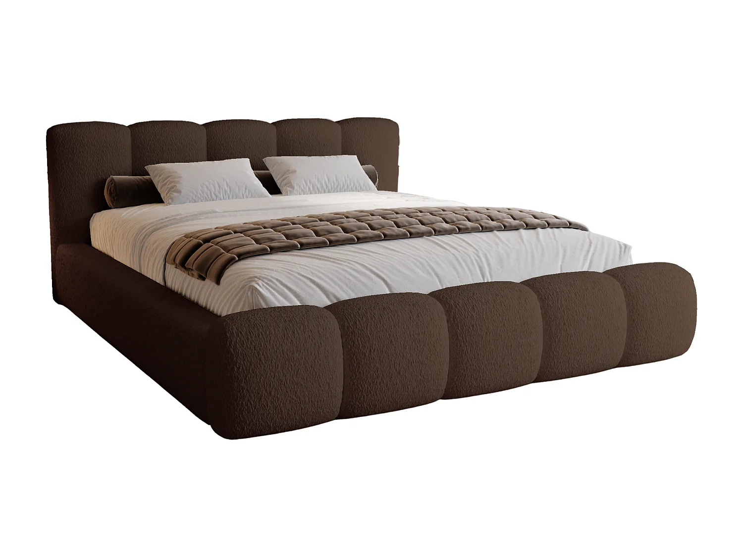 BESILIO Lit tapissé 160x200 bouclé Milly – lit avec coffre de rangement et sommier, lit coffre moderne en mousse épaisse – Marron