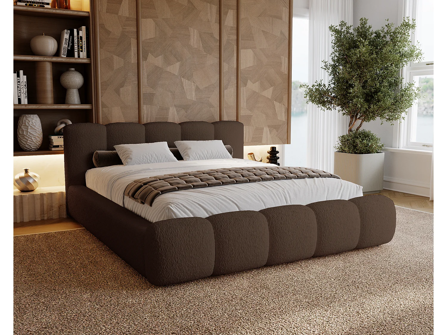 BESILIO Lit tapissé 160x200 bouclé Milly – lit avec coffre de rangement et sommier, lit coffre moderne en mousse épaisse – Marron
