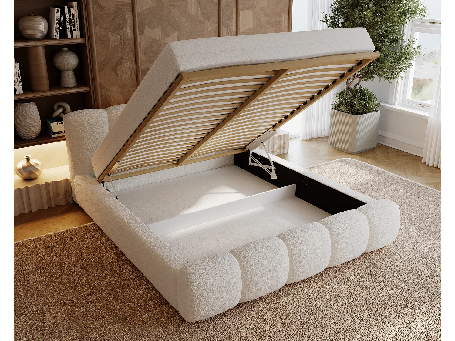 BESILIO Lit tapissé 140x200 bouclé Milly – lit avec coffre de rangement et sommier, lit coffre moderne en mousse épaisse – Blanc