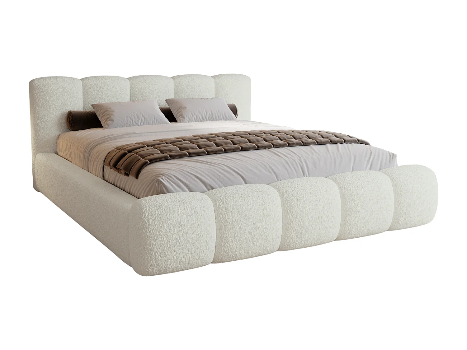 BESILIO Lit tapissé 140x200 bouclé Milly – lit avec coffre de rangement et sommier, lit coffre moderne en mousse épaisse – Blanc