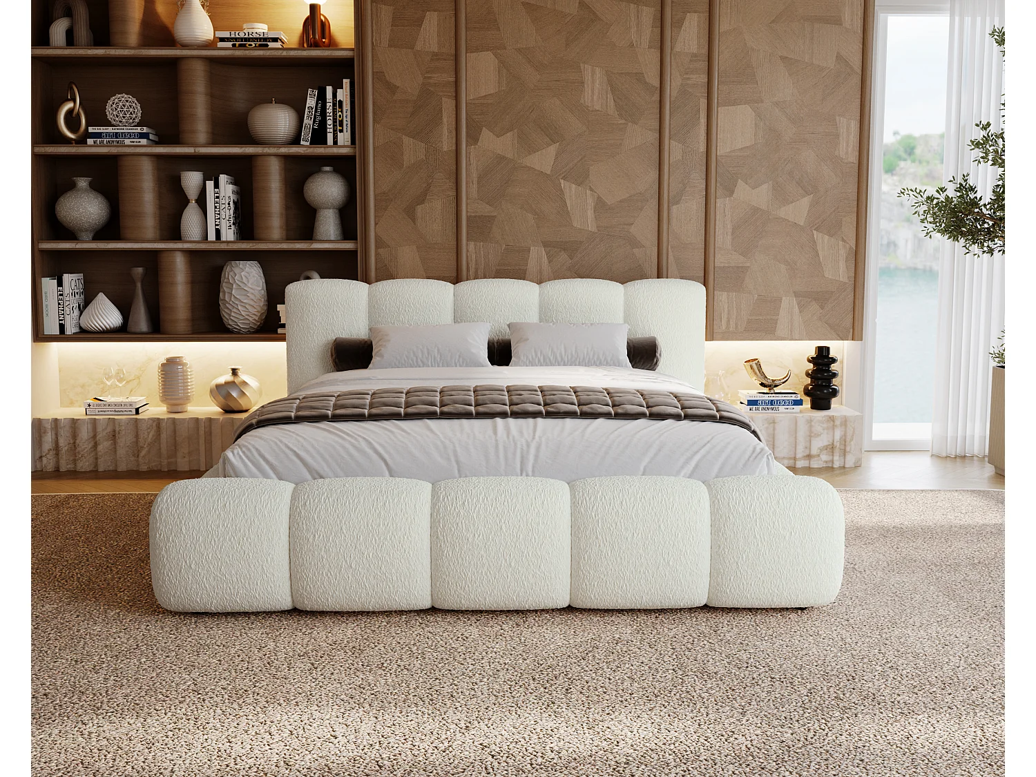 BESILIO Lit tapissé 140x200 bouclé Milly – lit avec coffre de rangement et sommier, lit coffre moderne en mousse épaisse – Blanc