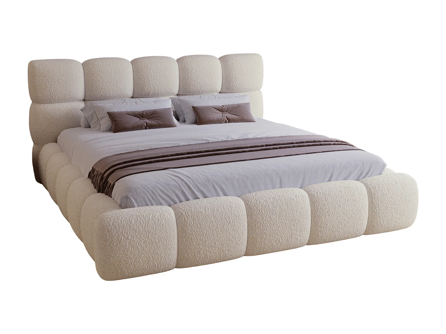 BESILIO Lit tapissé 200x200 bouclé Boston – lit avec coffre de rangement et sommier, lit coffre moderne en mousse épaisse – Beige