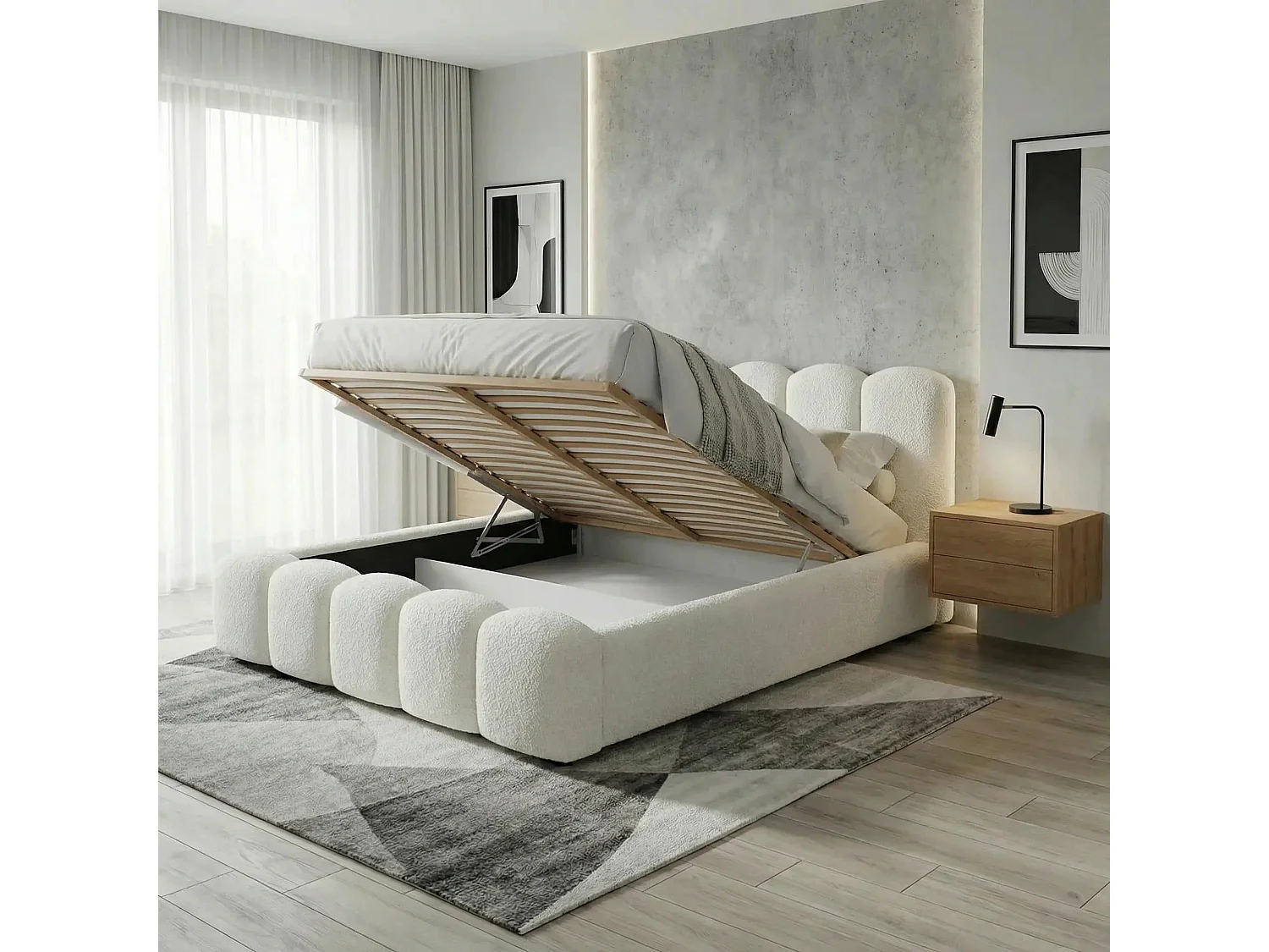 BESILIO Gestoffeerd bed 120x200 bouclé Milly – bed met opbergruimte en lattenbodem, modern opbergbed met dikke schuimvulling – Bruin