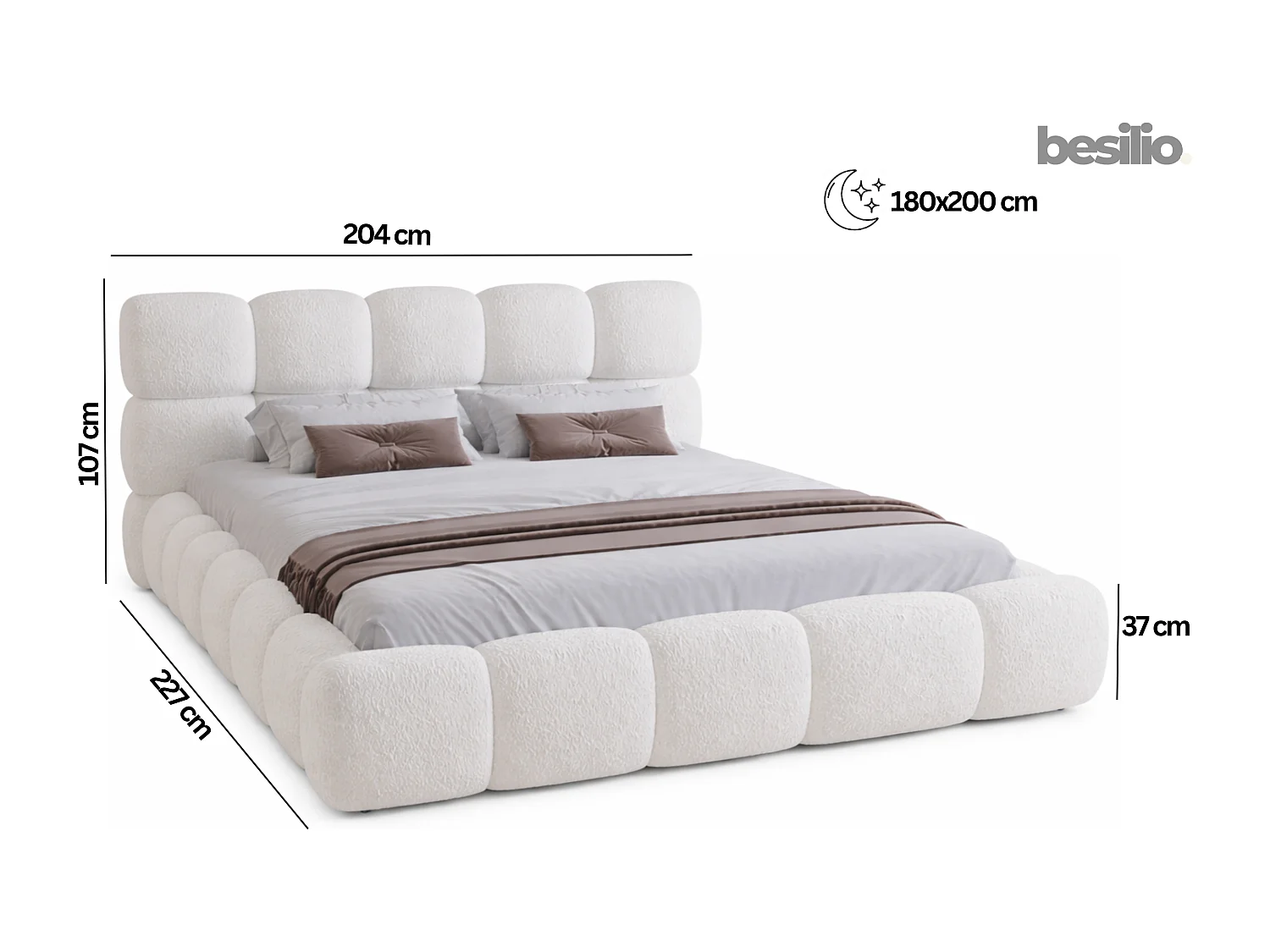 BESILIO Lit tapissé 200x200 bouclé Boston – lit avec coffre de rangement et sommier, lit coffre moderne en mousse épaisse – Blanc