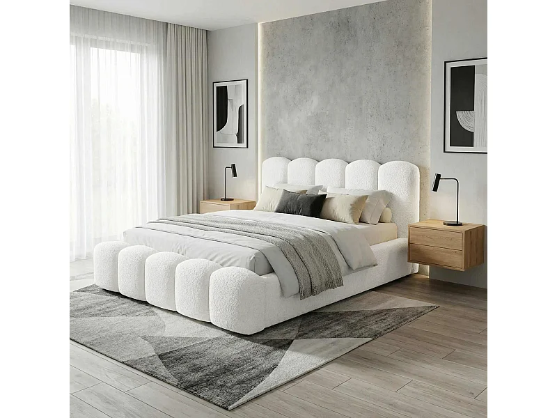 BESILIO Lit tapissé 120x200 bouclé Milly – lit avec coffre de rangement et sommier, lit coffre moderne en mousse épaisse – Blanc