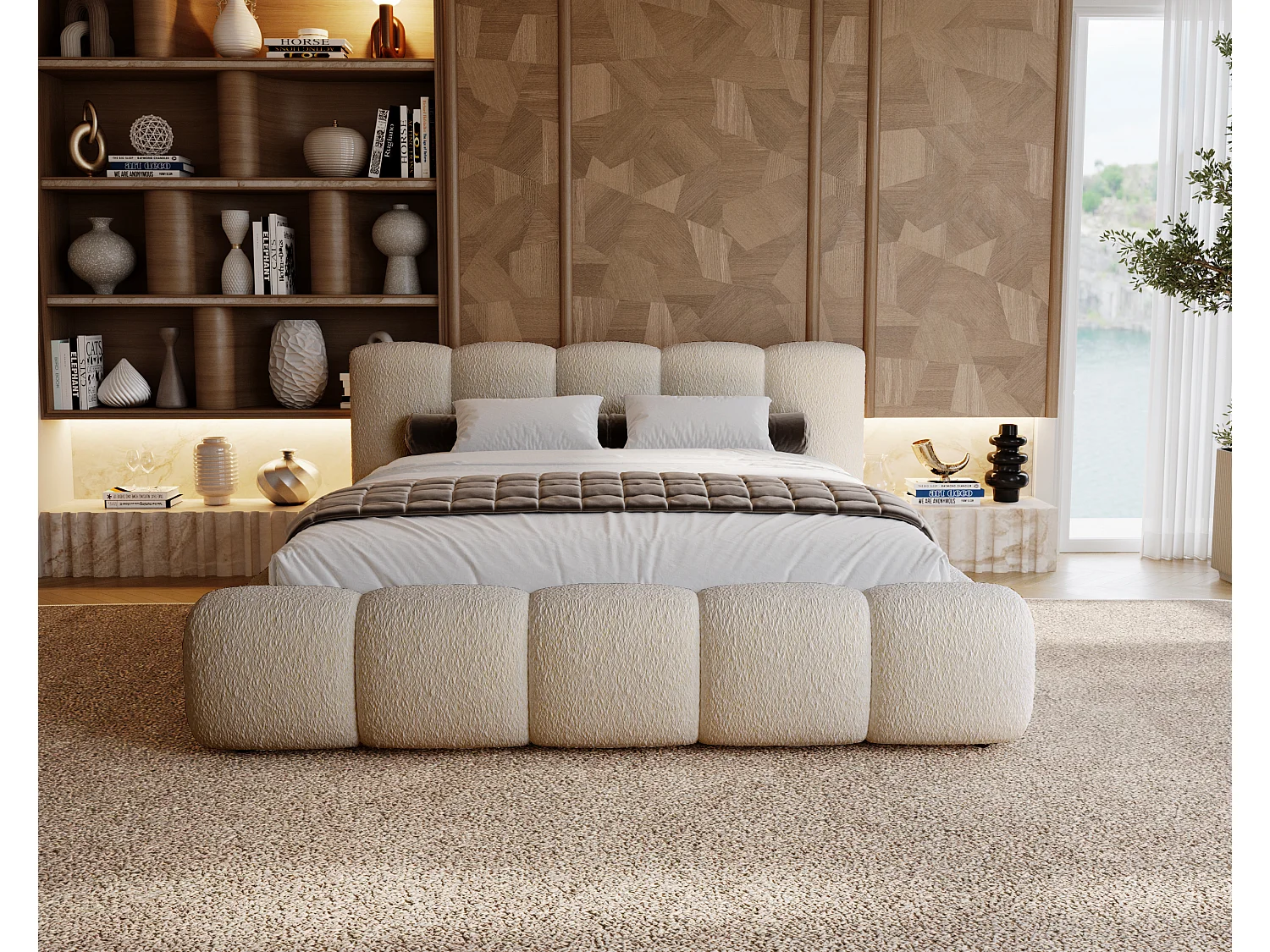 BESILIO Lit tapissé 140x200 bouclé Milly – lit avec coffre de rangement et sommier, lit coffre moderne en mousse épaisse – Beige