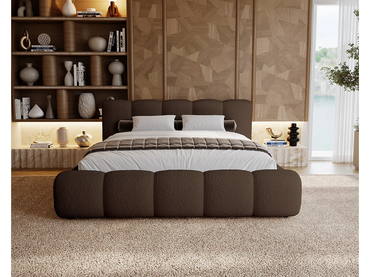 BESILIO Lit tapissé 180x200 bouclé Milly – lit avec coffre de rangement et sommier, lit coffre moderne en mousse épaisse – Marron