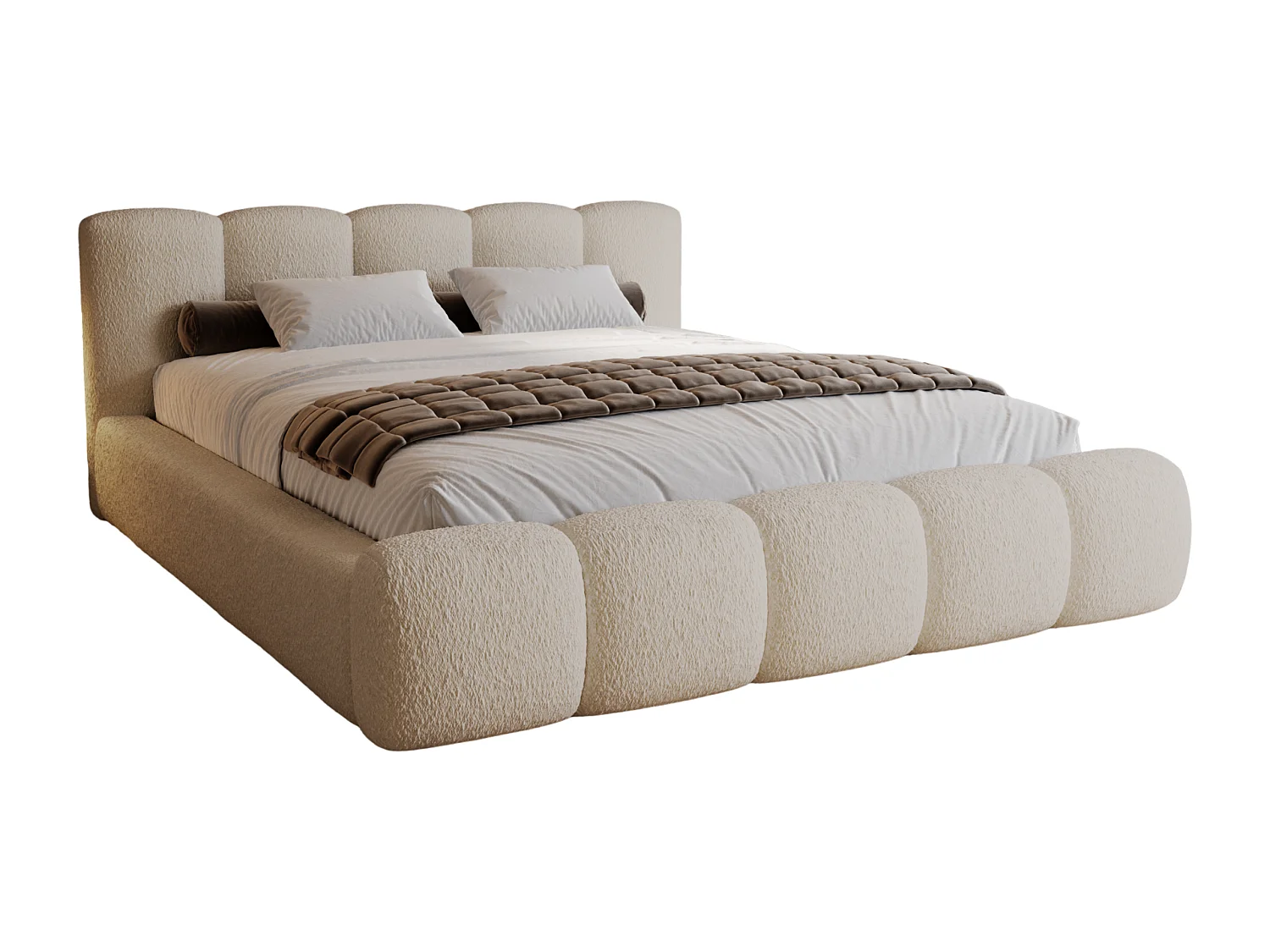 BESILIO Lit tapissé 200x200 bouclé Milly – lit avec coffre de rangement et sommier, lit coffre moderne en mousse épaisse – Beige