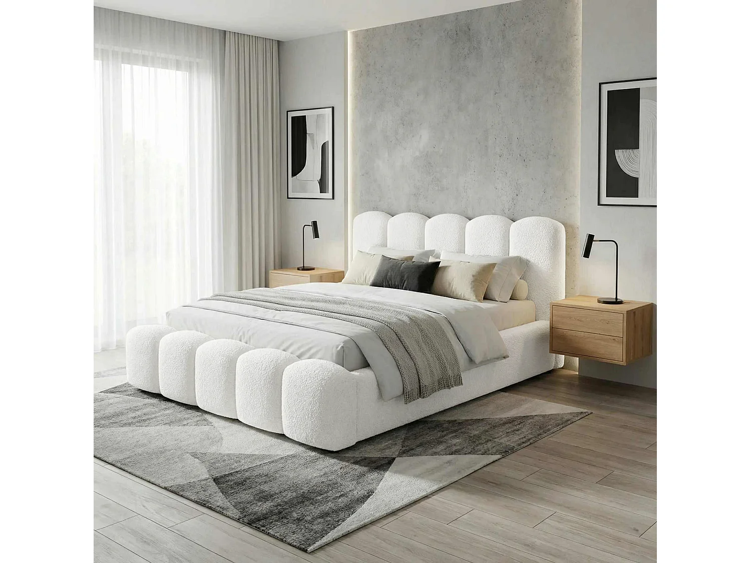 BESILIO Gestoffeerd bed 160x200 bouclé Milly – bed met opbergruimte en lattenbodem, modern opbergbed met dikke schuimvulling – Wit