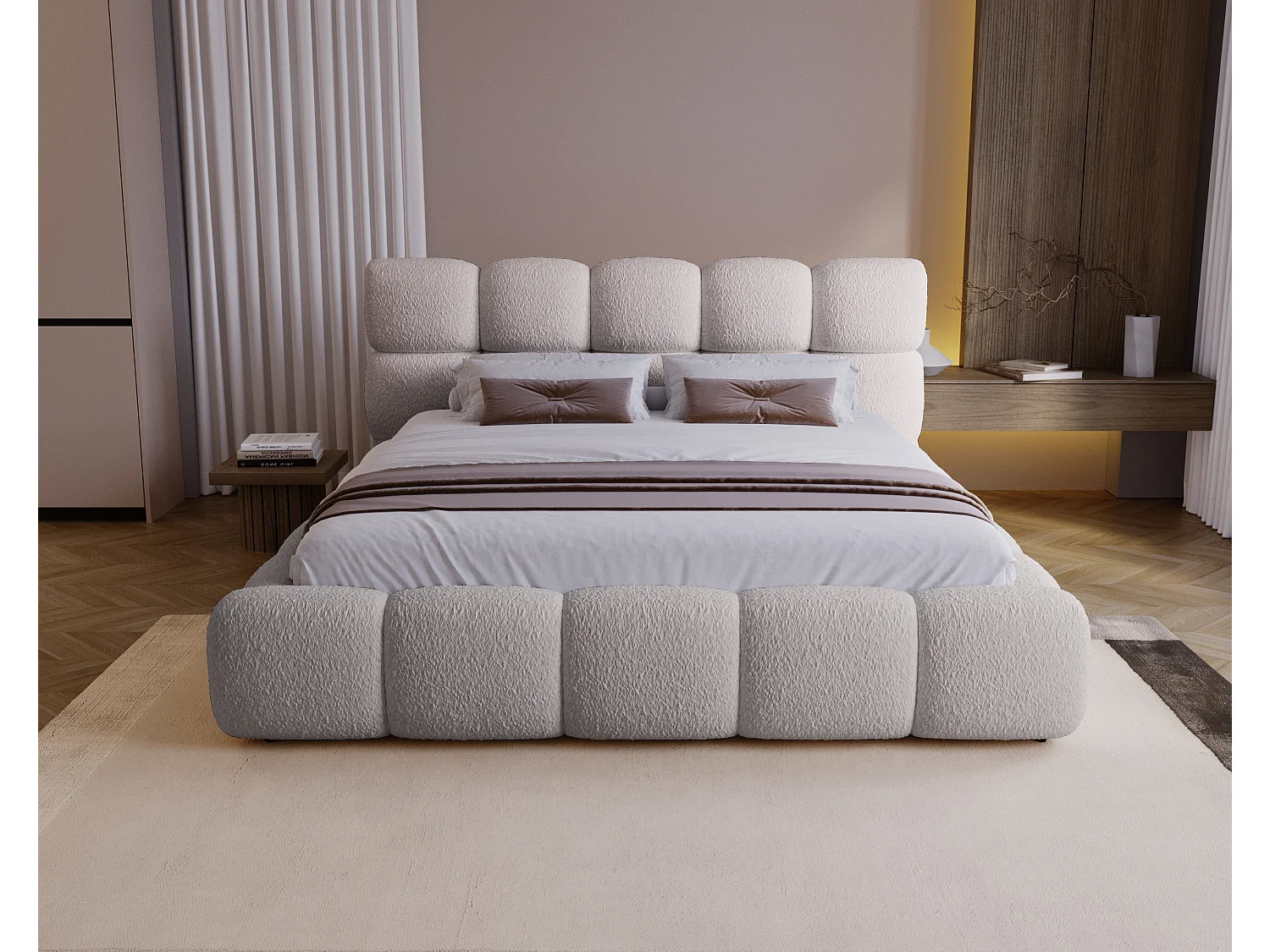 BESILIO Lit tapissé 120x200 bouclé Boston – lit avec coffre de rangement et sommier, lit coffre moderne en mousse épaisse – Gris clair