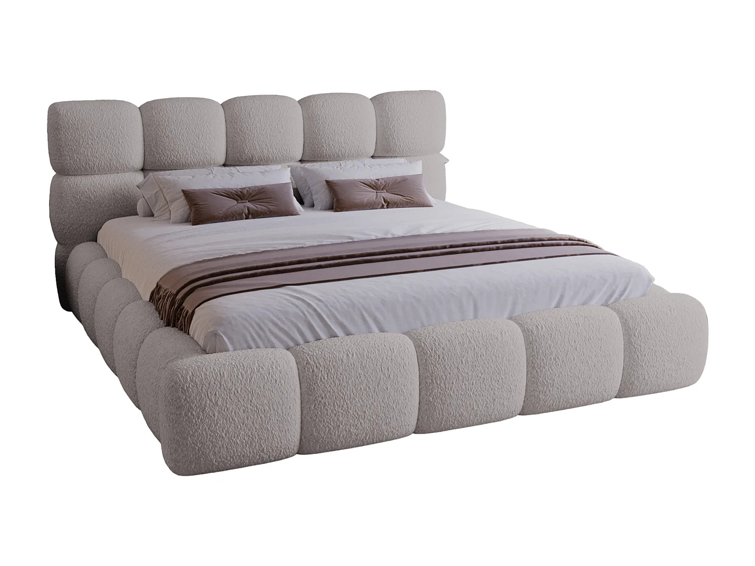 BESILIO Lit tapissé 120x200 bouclé Boston – lit avec coffre de rangement et sommier, lit coffre moderne en mousse épaisse – Gris clair