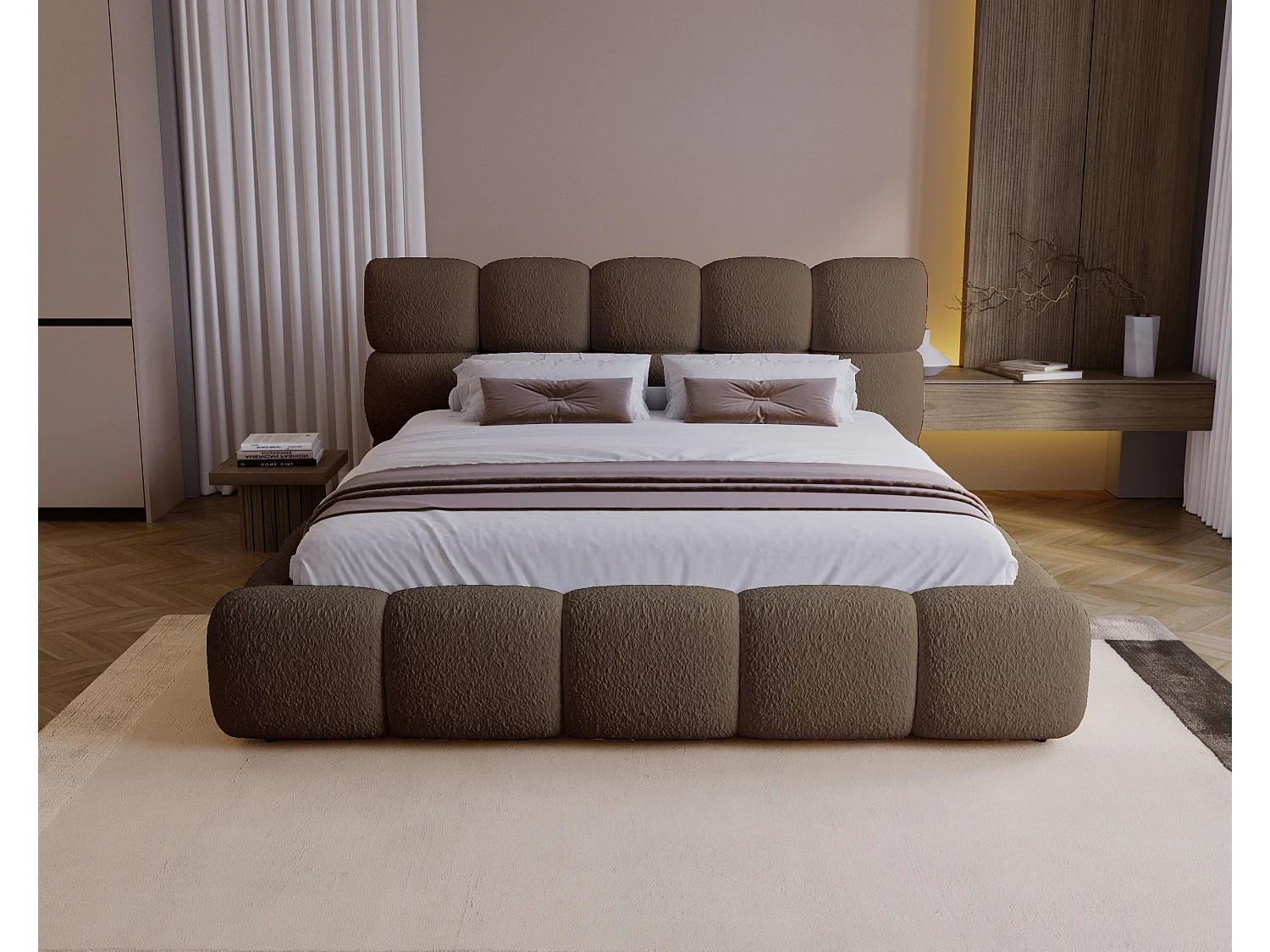 BESILIO Lit tapissé 160x200 bouclé Boston – lit avec coffre de rangement et sommier, lit coffre moderne en mousse épaisse – Marron