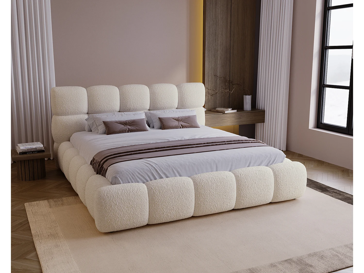 BESILIO Lit tapissé 160x200 bouclé Boston – lit avec coffre de rangement et sommier, lit coffre moderne en mousse épaisse – Beige