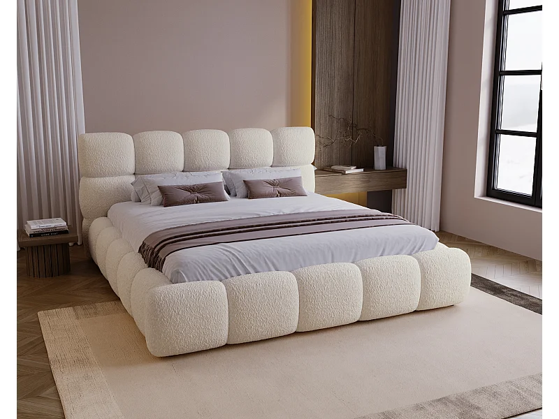 BESILIO Gestoffeerd bed 180x200 bouclé Boston – bed met opbergruimte en lattenbodem, modern opbergbed met dikke schuimvulling – Beige