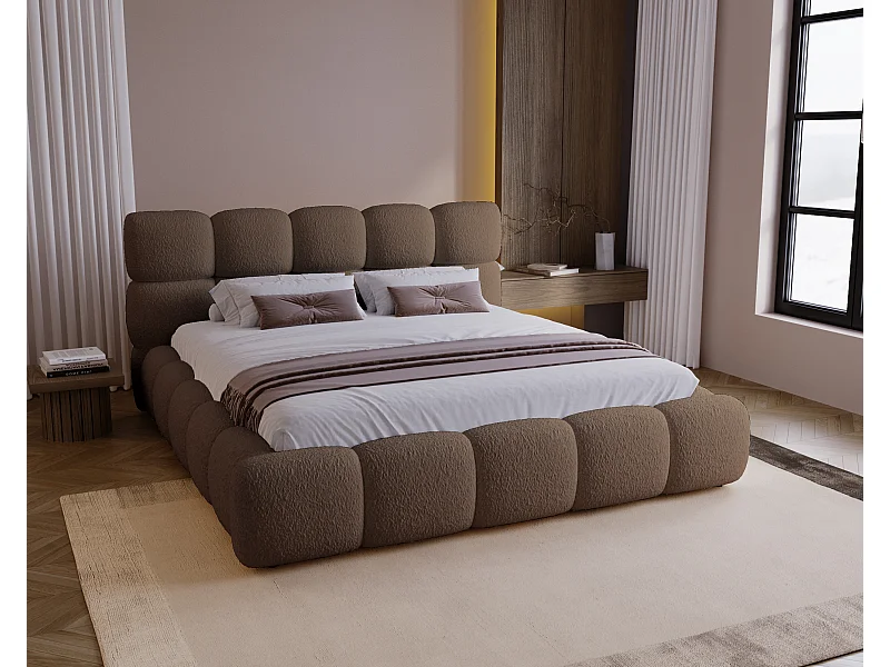 BESILIO Gestoffeerd bed 180x200 bouclé Boston – bed met opbergruimte en lattenbodem, modern opbergbed met dikke schuimvulling – Bruin