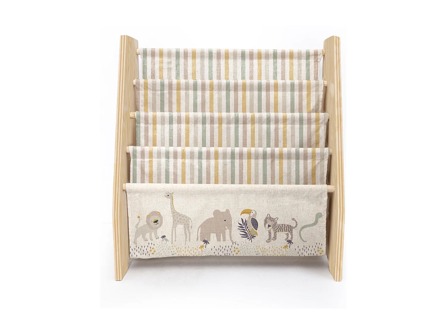 Regal Kiefer-Sperrholz, afrikanisches Textil, Montessori-Stil.