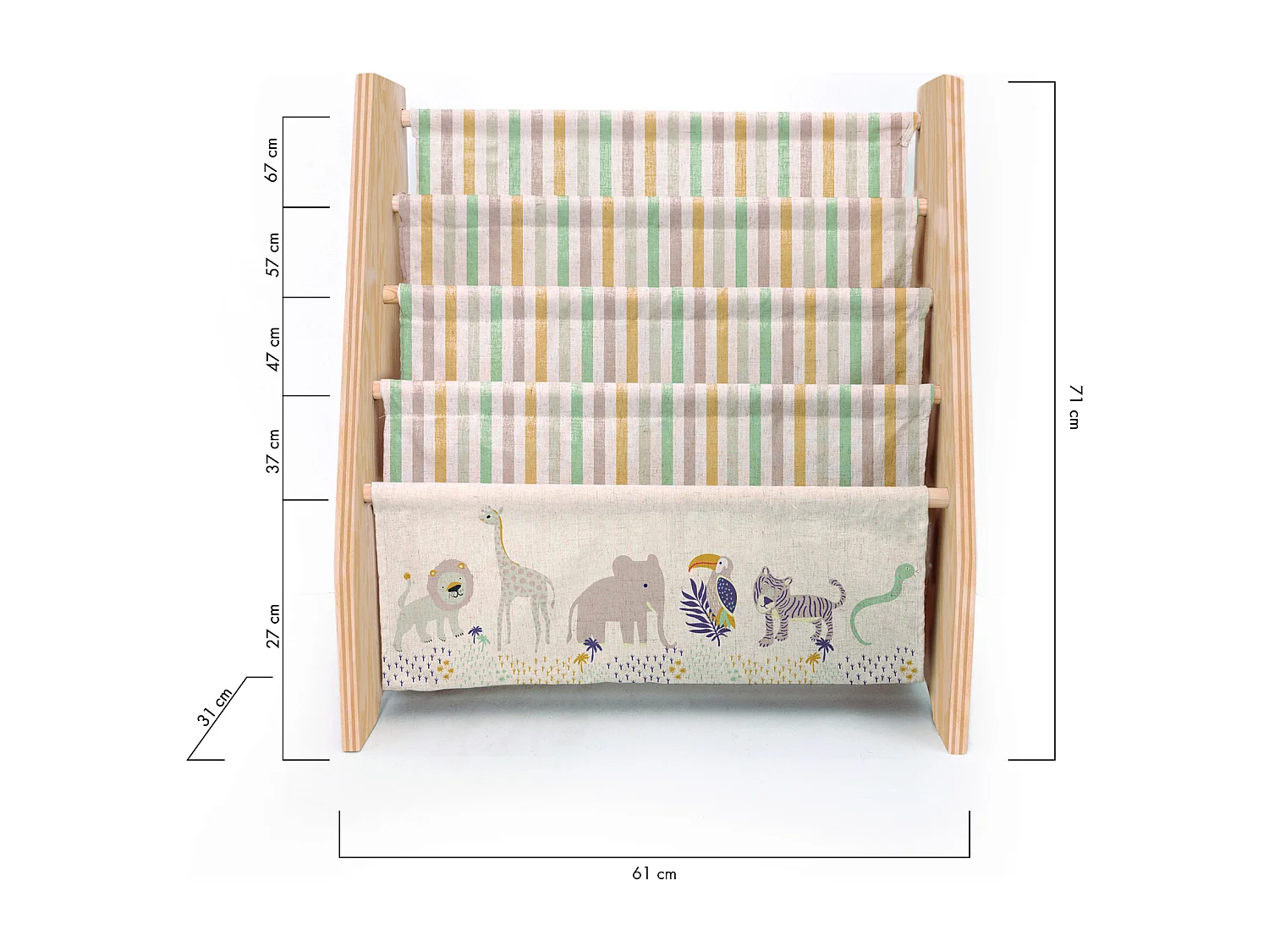 Regal Kiefer-Sperrholz, afrikanisches Textil, Montessori-Stil.