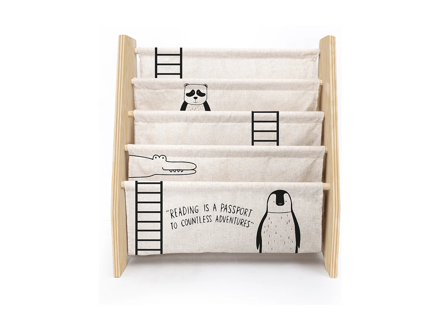 Bücherregal aus Kiefer-Sperrholz und Textil mit Montessori-Tiermotiven