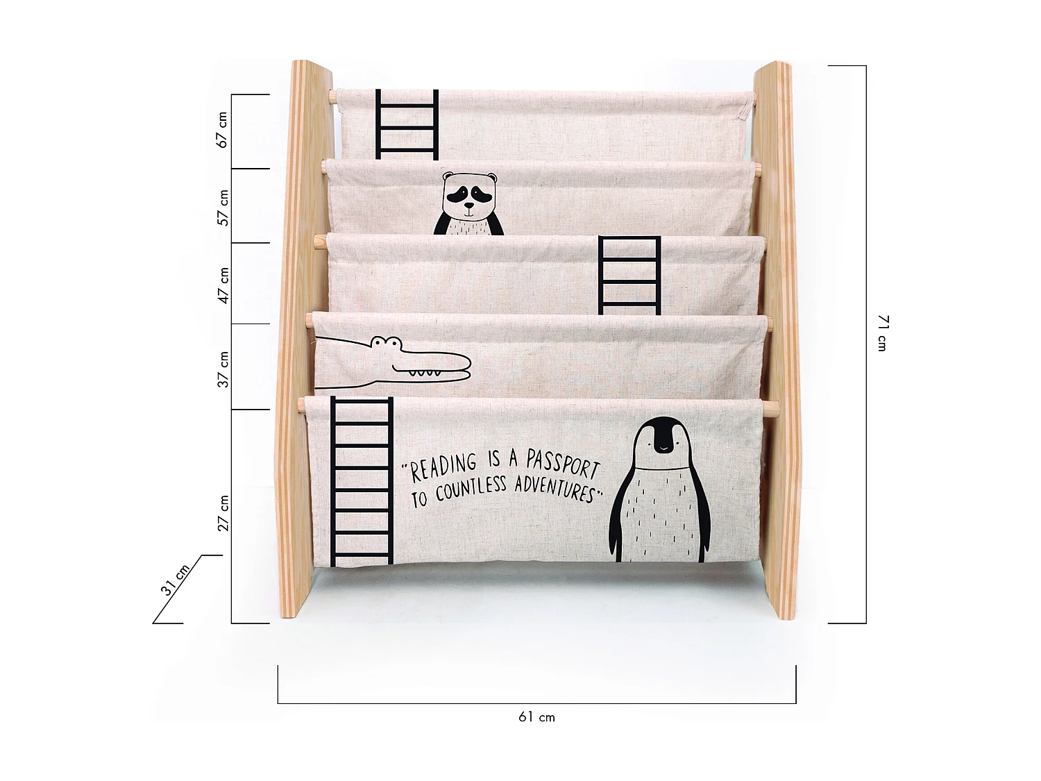 Bücherregal aus Kiefer-Sperrholz und Textil mit Montessori-Tiermotiven