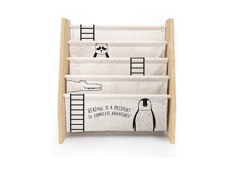 Bücherregal aus Kiefer-Sperrholz und Textil mit Montessori-Tiermotiven