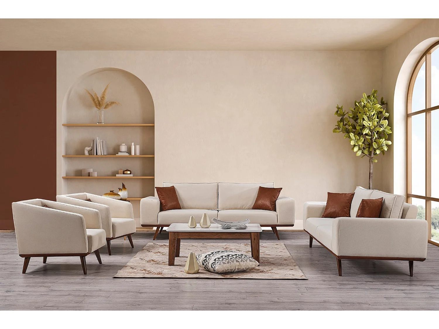 Set Divani Lucas – 2 Divani 3 posti + 1 Poltrona – Tessuto Chiaro