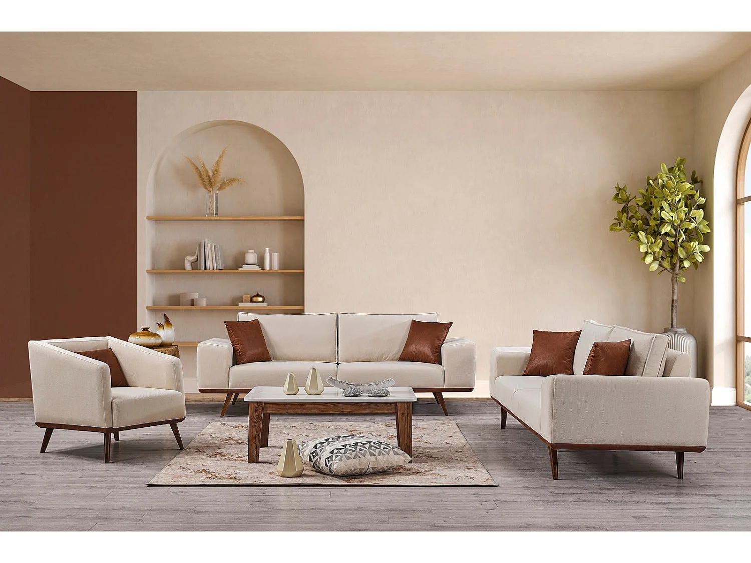 Set Divani Lucas – 2 Divani 3 posti + 1 Poltrona – Tessuto Chiaro