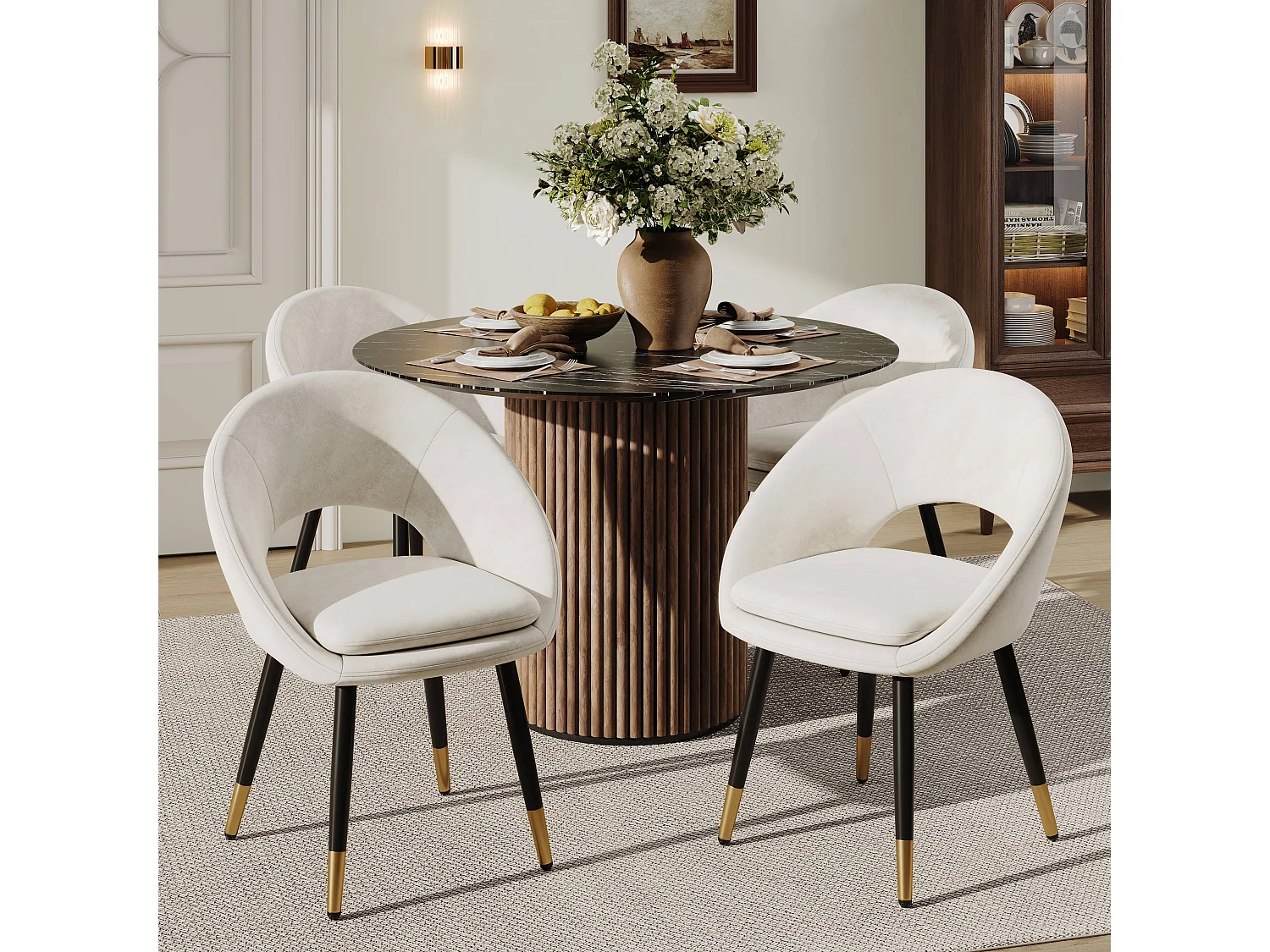 Set van 4 eetkamerstoelen - 59 x 59 x 77,5 cm - voor eetkamers/woonkamers/cafés - Moderne stijl - fluweel - beige