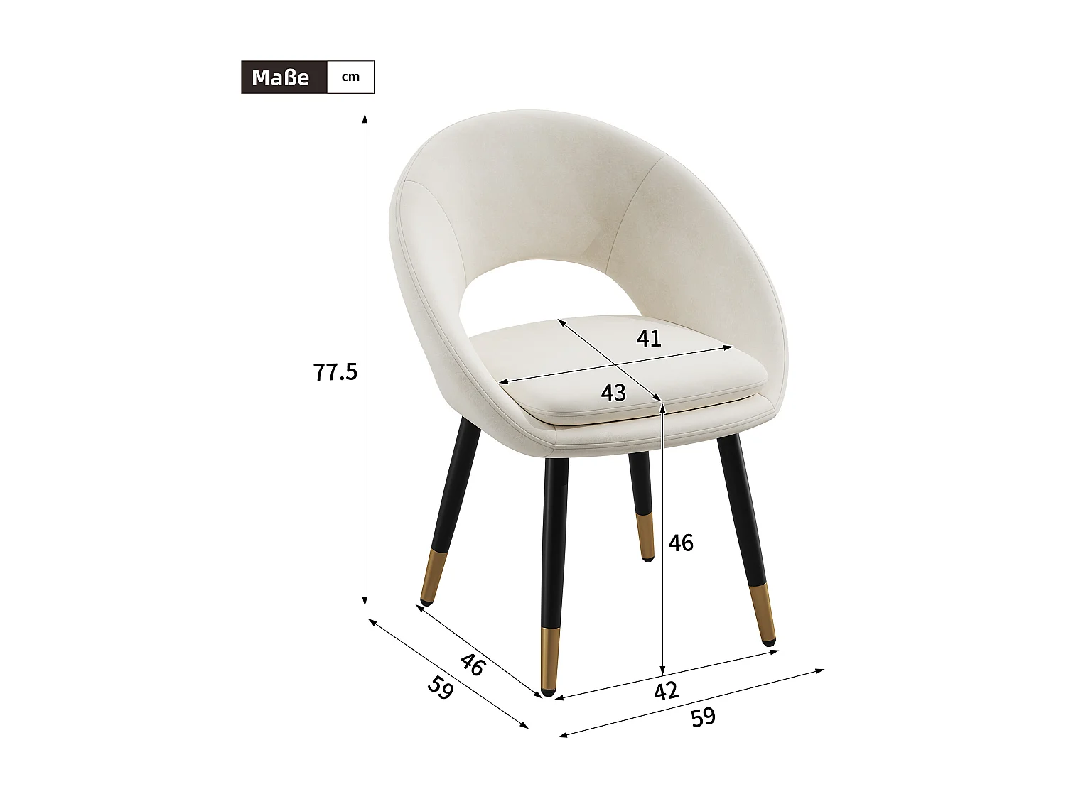 Set van 2 eetkamerstoelen - 59 x 59 x 77,5 cm - voor eetkamers/woonkamers/cafés - Moderne stijl - fluweel - beige