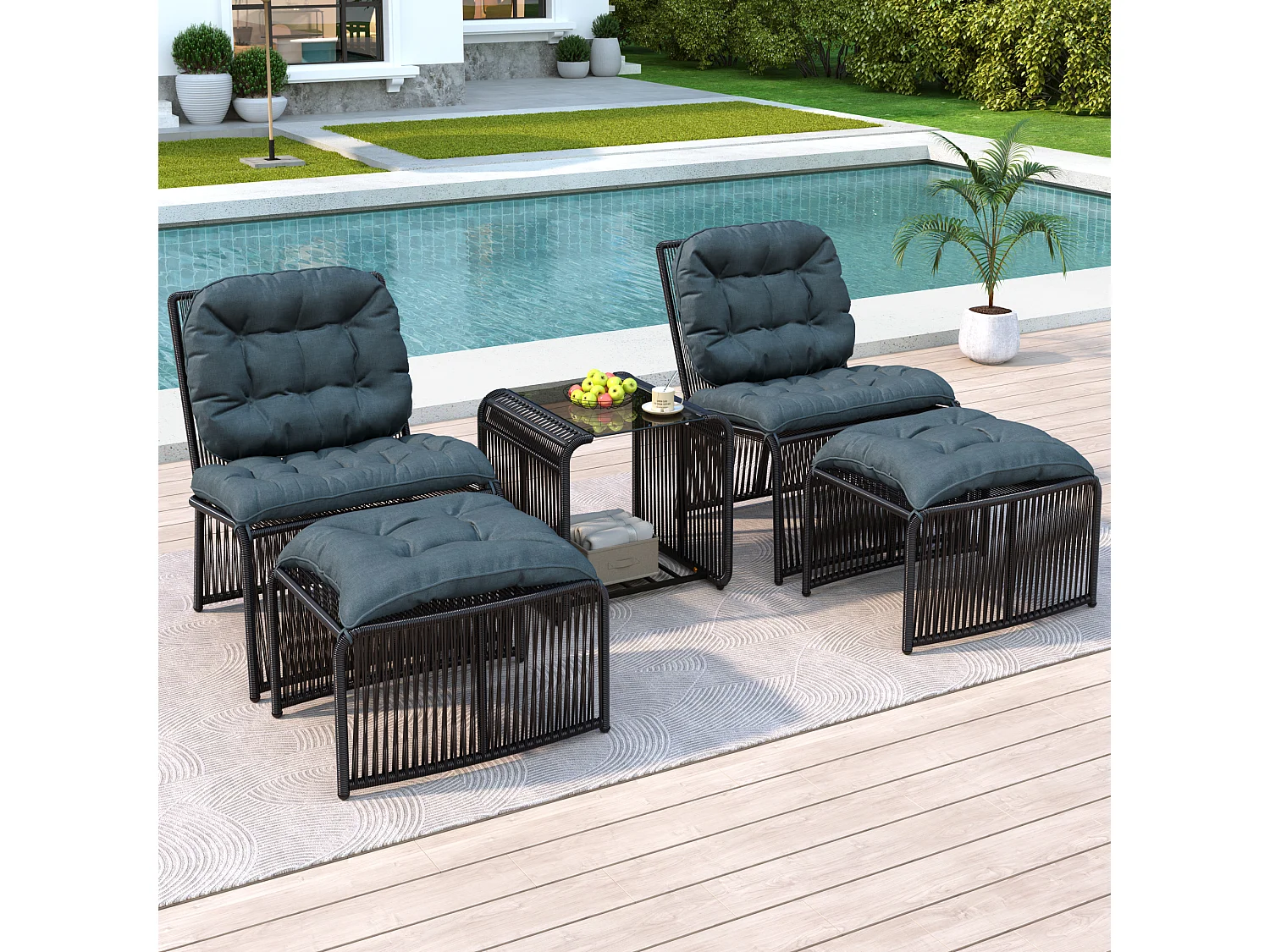 Conjunto de muebles de jardín de 5 piezas - 1 mesa + 2 sillas + 2 taburetes - de hierro y ratán sintético - con cojines - gris + negro