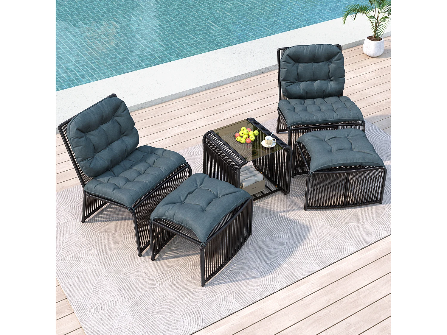 Conjunto de muebles de jardín de 5 piezas - 1 mesa + 2 sillas + 2 taburetes - de hierro y ratán sintético - con cojines - gris + negro