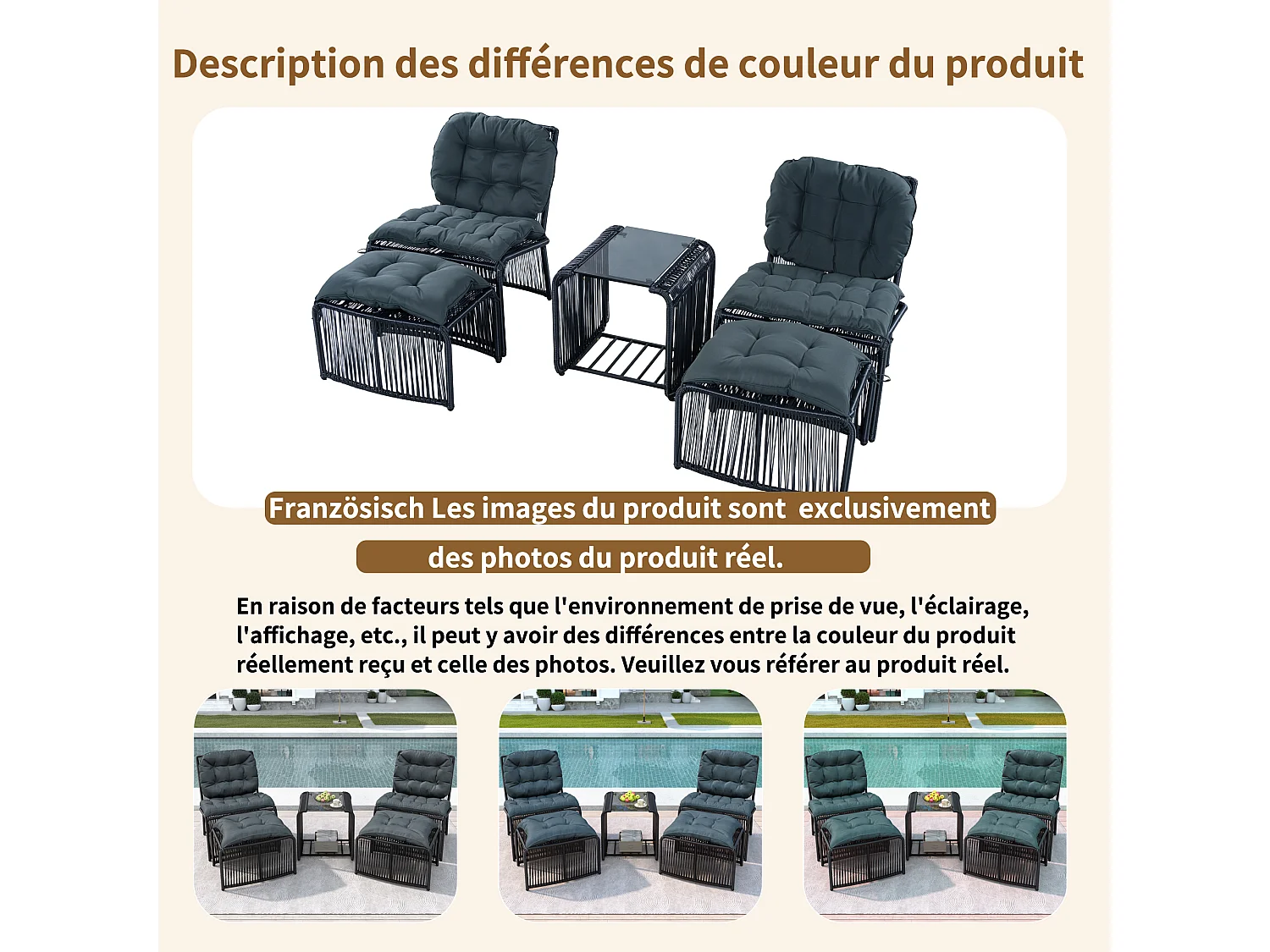 Conjunto de muebles de jardín de 5 piezas - 1 mesa + 2 sillas + 2 taburetes - de hierro y ratán sintético - con cojines - gris + negro