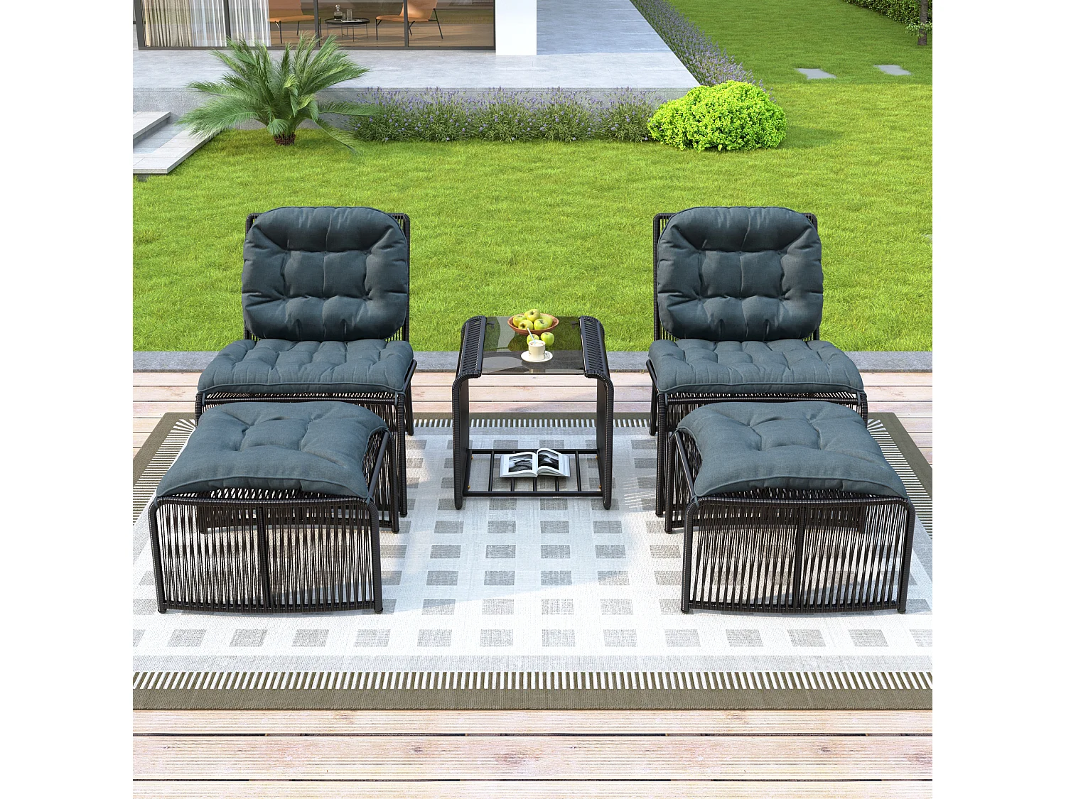 Conjunto de muebles de jardín de 5 piezas - 1 mesa + 2 sillas + 2 taburetes - de hierro y ratán sintético - con cojines - gris + negro