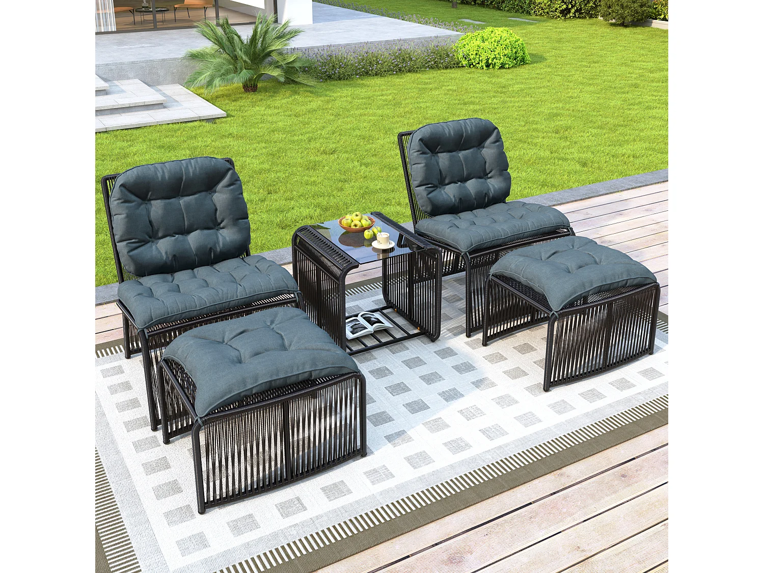 Conjunto de muebles de jardín de 5 piezas - 1 mesa + 2 sillas + 2 taburetes - de hierro y ratán sintético - con cojines - gris + negro