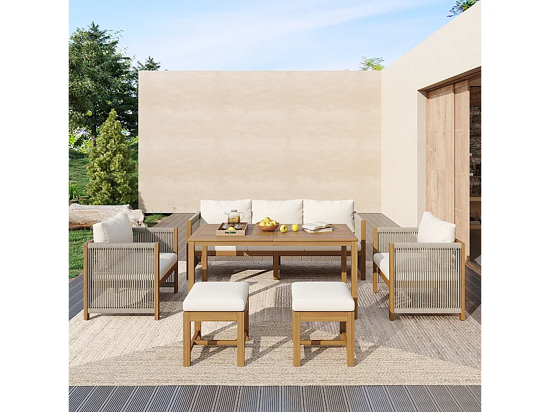 Zestaw ogrodowy 6-elementowy - sofa 3-osobowa + 2 fotele + 2 hokery + 1 stół - akacja - beż