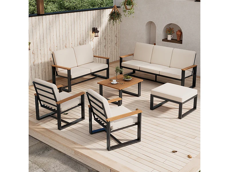 Ensemble de mobilier de jardin - avec 1 canapé 3 places + 1 canapé 2 places + 2 fauteuils + table + repose-pieds - métal - beige