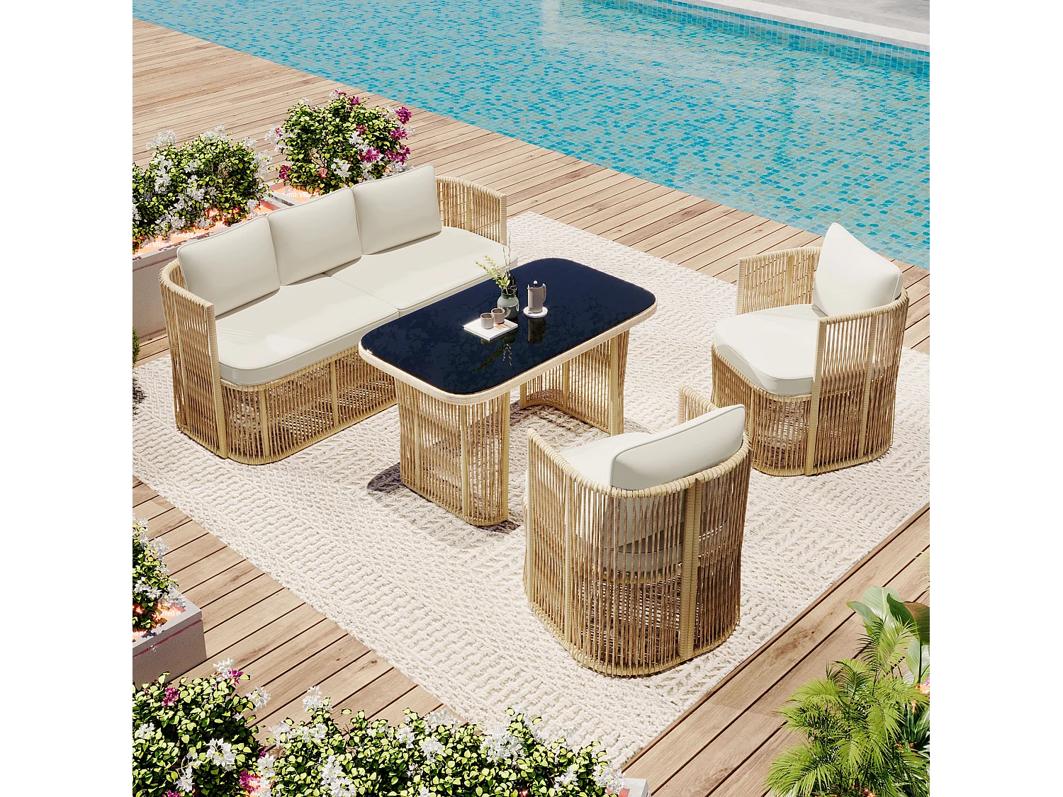 Zestaw mebli ogrodowych z rattanu PE, 5 elementów - z sofą 3-osobową + 2 fotelami + szklanym stolikiem + poduszkami - metalowy - beżowy